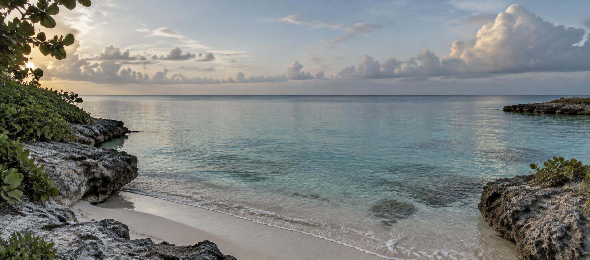 Quiet Jamaican north-coast shoreline with turquoise shallows at early morning